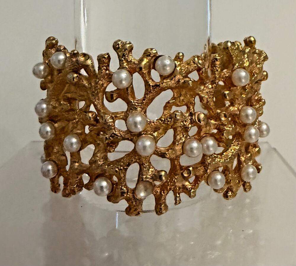 Signed Kenneth Jay Lane KJL Gold Tone Coral Branch Cuff Bracelet with Pearls